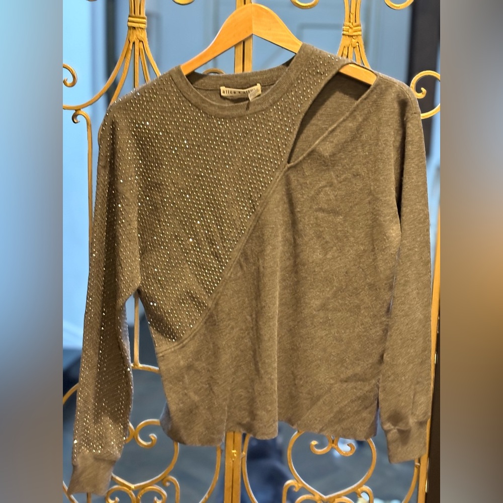 Alice + Olivia Gray boob cleavage cut out Sweater studs diamond rocker punk xs
